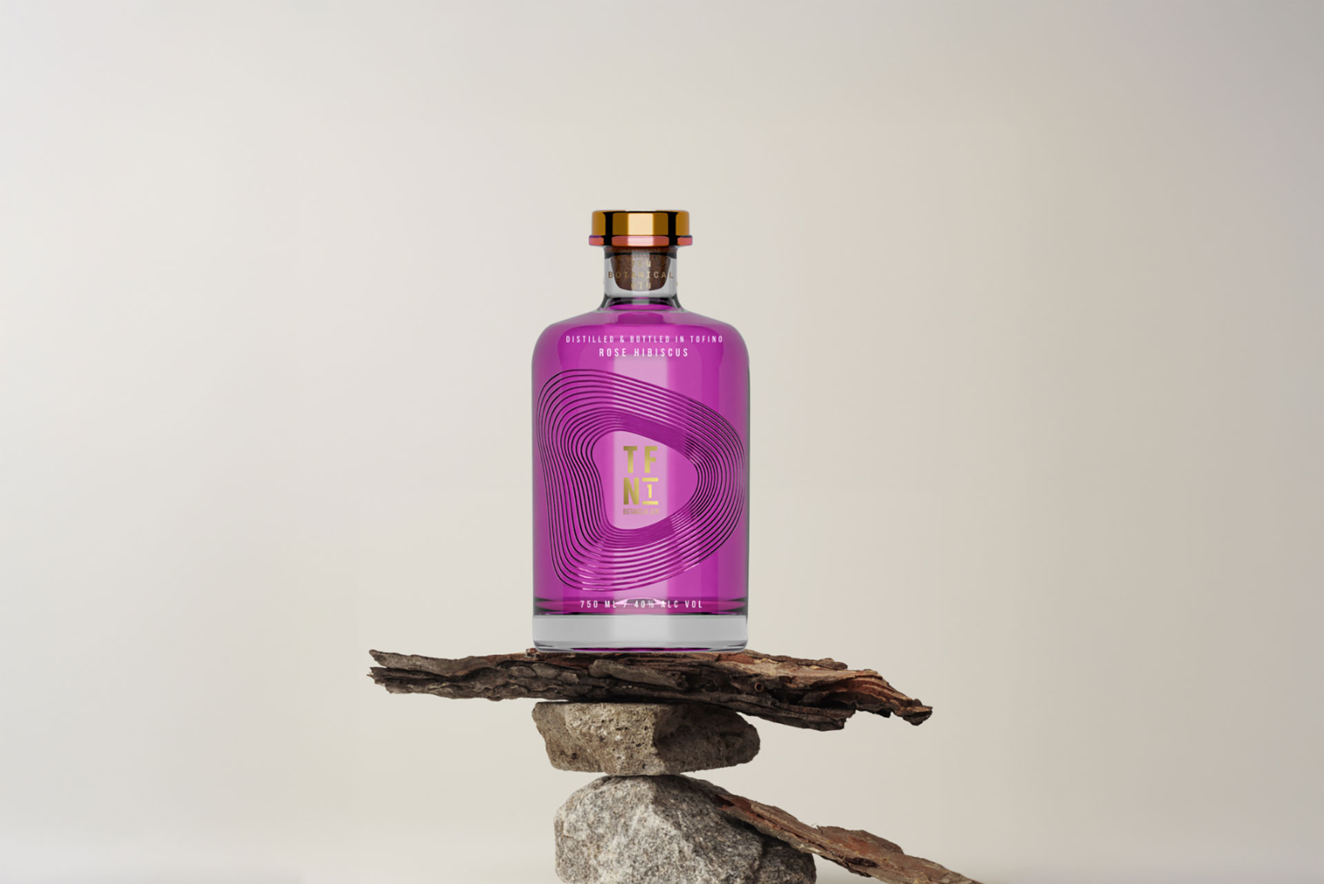 Gin bottle on a stand with white background