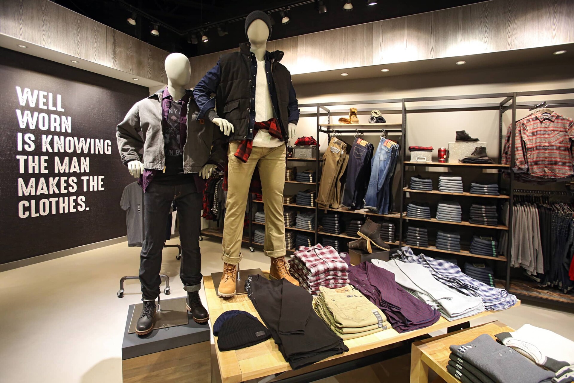Interior retail marketing for retailers with mannequins and folded inventory