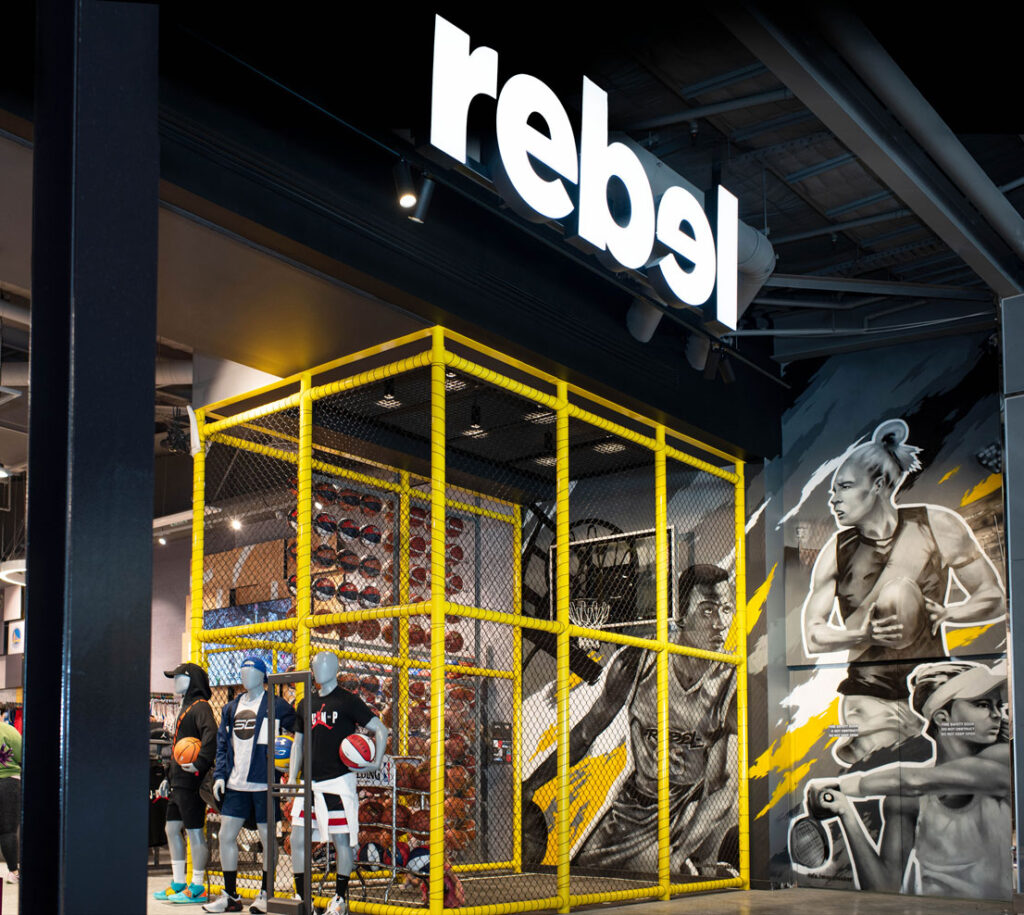 Retail space showcasing sports feature with netting