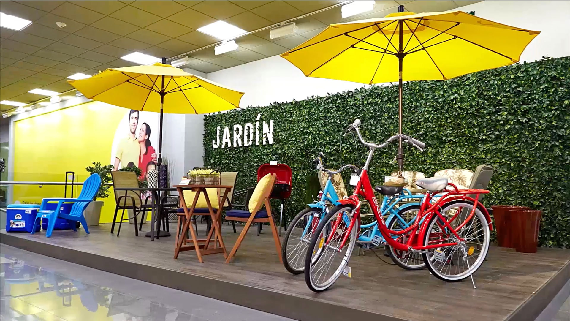 Interior retail display with patio furniture and deck decor